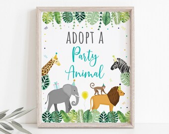 Adopt A Party Animal Birthday Sign, Jungle Birthday, Party Animals, Boy, Girl, Safari, Zoo Animals, Jungle Party, Printable, Digital A513