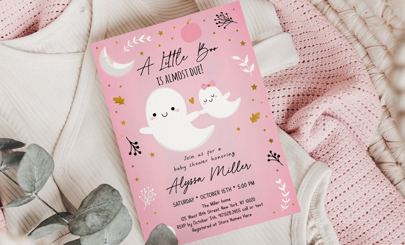 Editable Little Boo Baby Shower Invitation Little Boo Is Almost Due Pink Ghost Pumpkin Halloween Baby Shower Invite Digital