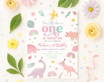 Invitation d'anniversaire de dinosaure pastel girly modifiable, invitation 1er anniversaire de dinosaure, fête dinosaure jolie fille rose, téléchargement numérique A736