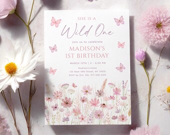 Wildflower Butterfly First Birthday Invitation, Wild One Invite, Boho Pink Purple Flower 1st Birthday, Editable, Digital A761