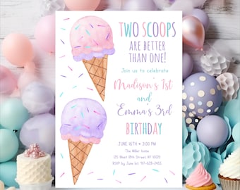 May include: A birthday invitation with watercolor ice cream cones and the text "TWO SCOOPS ARE BETTER THAN ONE!" in pastel colors. The invitation is for Madison's 1st and Emma's 3rd birthday, with date, time, and location details.