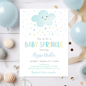 May include: A blue and yellow baby sprinkle invitation with a cartoon cloud with a smiling face and raindrops. The invitation says "Join us for a Baby Sprinkle honoring Alyssa Miller" and includes the date, time, location, and RSVP information.