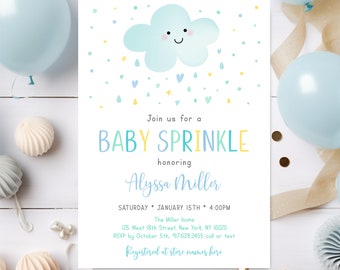 May include: A blue and yellow baby shower invitation featuring a cartoon cloud with a smiling face and raindrops. The invitation reads "Join us for a Baby Sprinkle honouring Alyssa Miller" and includes the date, time, location, and RSVP details.