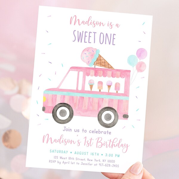 Editable Ice Cream Truck Birthday Invitation Sweet One Ice Cream First Birthday Girl Ice Cream Party Modern Watercolor Digital Download A673