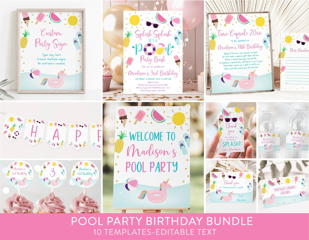 Editable Pool Party Birthday Invitation Bundle Girl Pool Party Pool Ice ...
