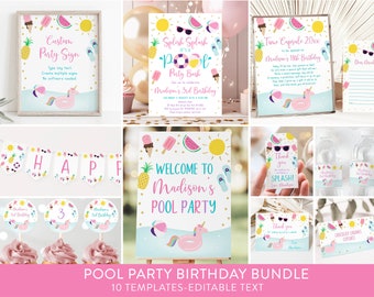 Editable Pool Party Birthday Invitation Bundle Girl Pool Party Pool Ice Cream Pineapple Pink Purple Blue Printable Digital Download A533