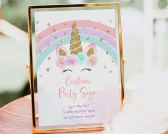 Puede incluir: Un cartel imprimible con un unicornio, un arcoíris y estrellas. El cartel dice "Custom Party Sign" e incluye las instrucciones "Type any text. Create multiple signs. No software needed."