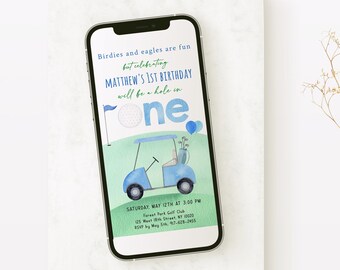 Editable Hole in One Birthday E-Invitation Golf First Birthday Par-tee Golf 1st Birthday Invite Boy First Birthday Digital Download A695