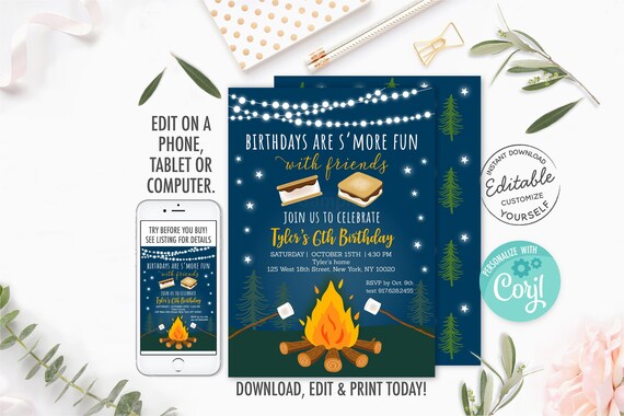 EDITABLE S'mores Birthday Invitation, Camping, Bonfire, Campfire, Smore Fun With Friends, Printable, Digital, Instant Download Template A520 Il_570xn