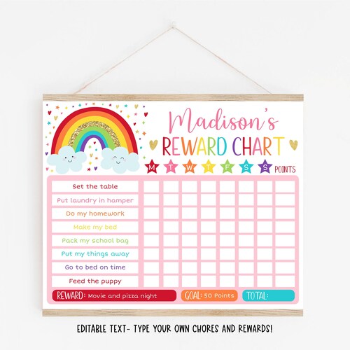 EDITABLE Rainbow Reward Chart Rainbow Behavior Chart Pink & - Etsy