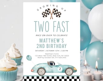 Editable Race Car Birthday Invitation Growing Up Two Fast Birthday Invite Racing Party Blue Racing Car Boy Second Birthday Digital A688
