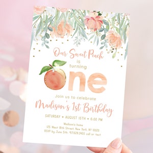 Bearbeitbare Süßer Pfirsich Geburtstagseinladung Pfirsich Erster Geburtstag einladen Pfirsich Gold Blumen grün Mädchen 1.Geburtstag Printable Digital A608
