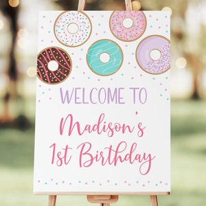 Editable Donut Birthday Welcome Sign, Donut Birthday Party, Pink Donut, Donut Grow Up, Doughnut Party, Printable Instant Download A500