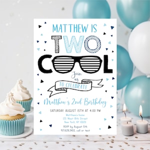 Editable Two Cool Birthday Invitation Two Cool Party Sunglasses Summer Boys Second Birthday Printable Digital Download A538