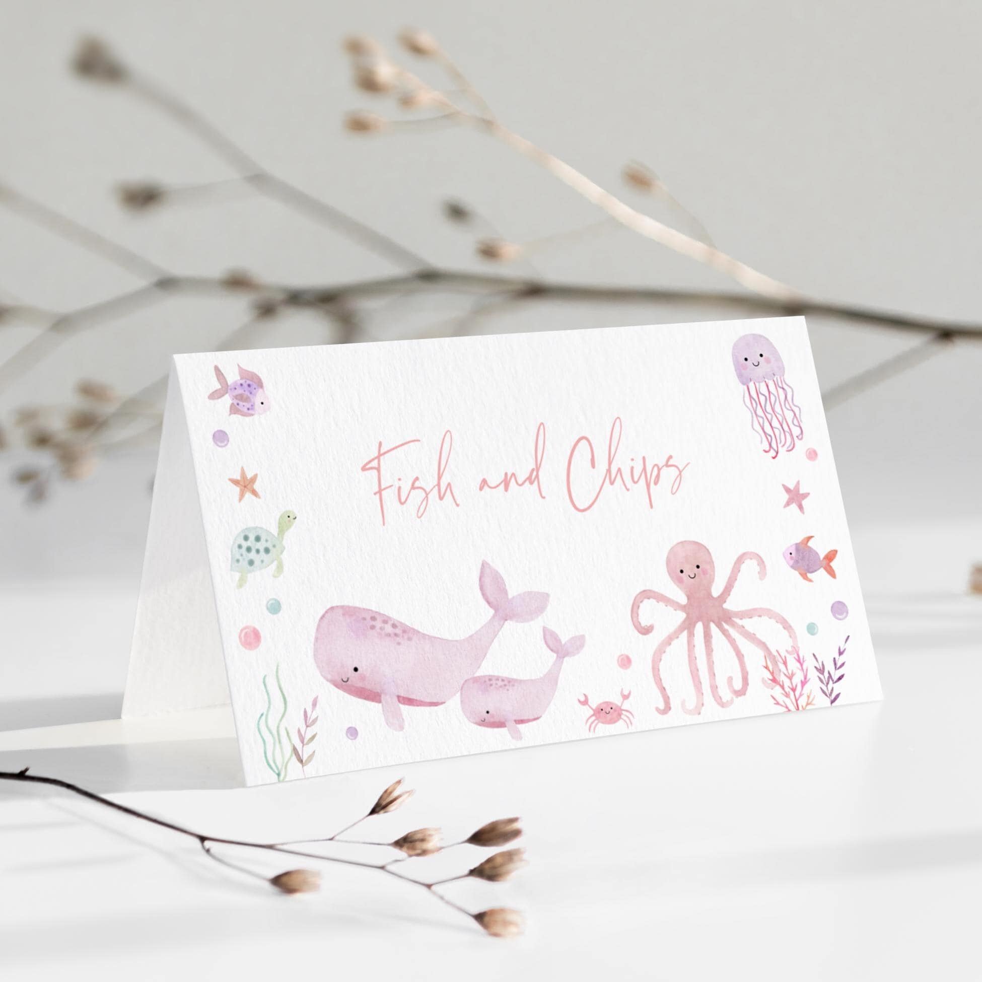Editable Pastel Under the Sea Baby Shower Tent Cards, Food Labels, Pink Sea Animals, Baby Girl Shower, Watercolor Whale Turtle Ocean A725