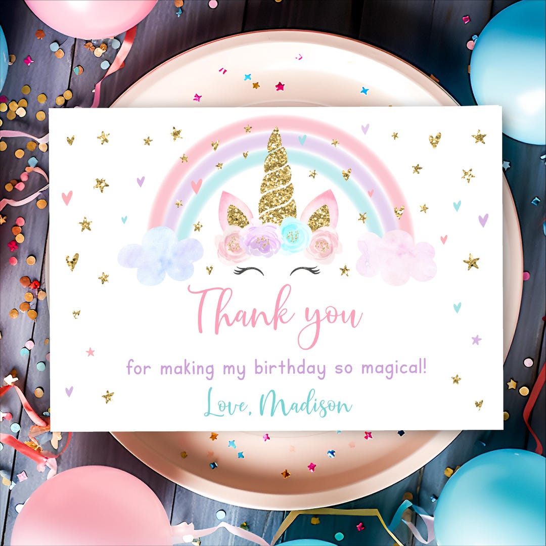 Editable Unicorn Rainbow Birthday Thank You Card Pink Gold Pastel ...