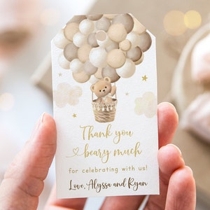 Editable Teddy Bear Hot Air Balloon Favor Tag Thank You Tag Bear with Balloons Gender Neutral Gold Teddy Bear Baby Shower A710