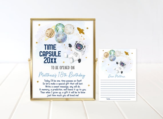 Editable Outer Space Birthday Time Capsule Sign First Birthday Time Capsule Blue Gold Astronaut Galaxy Planets Solar System Digital A606 Il_570xn