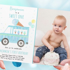 May include: A blue and white ice cream truck with a scoop of ice cream on top. The truck has a sign that says "Benjamin is a Sweet One". The invitation is for Benjamin's first birthday party. The party is on Saturday, August 15th at 3:00 PM at 125 West 18th Street, New York, NY 10020. RSVP by August 1st, 917-628-2455.