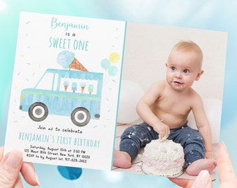 May include: A blue and white ice cream truck with a scoop of ice cream on top. The truck has a sign that says "Benjamin is a Sweet One". The invitation is for Benjamin's first birthday party. The party is on Saturday, August 15th at 3:00 PM at 125 West 18th Street, New York, NY 10020. RSVP by August 1st, 917-628-2455.