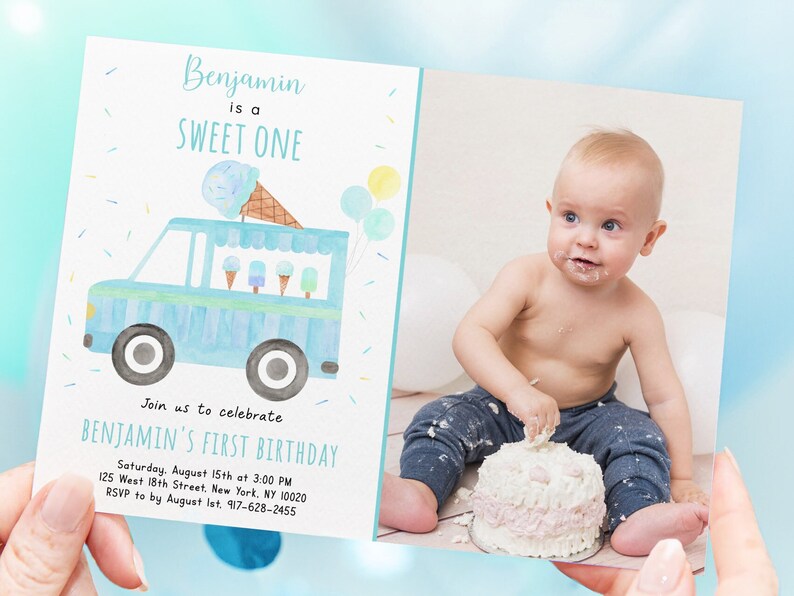 May include: A blue and white ice cream truck with a scoop of ice cream on top. The truck has a sign that says "Benjamin is a Sweet One". The invitation is for Benjamin's first birthday party. The party is on Saturday, August 15th at 3:00 PM at 125 West 18th Street, New York, NY 10020. RSVP by August 1st, 917-628-2455.