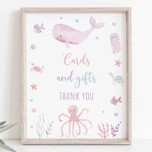 Bajo el signo de cumpleaños de tarjetas y regalos del mar, Oneder the Sea 1er cumpleaños, animales marinos de niña pastel rosa, océano de tortuga ballena acuarela, A725