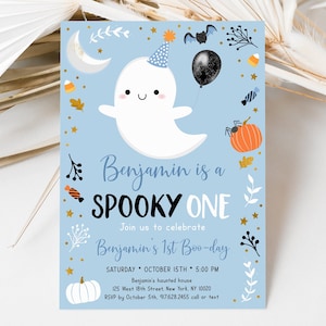 Editable Spooky One Ghost Birthday Invitation Halloween Ghost First Birthday Invite Blue Ghost Boy Halloween Party Digital Download A636