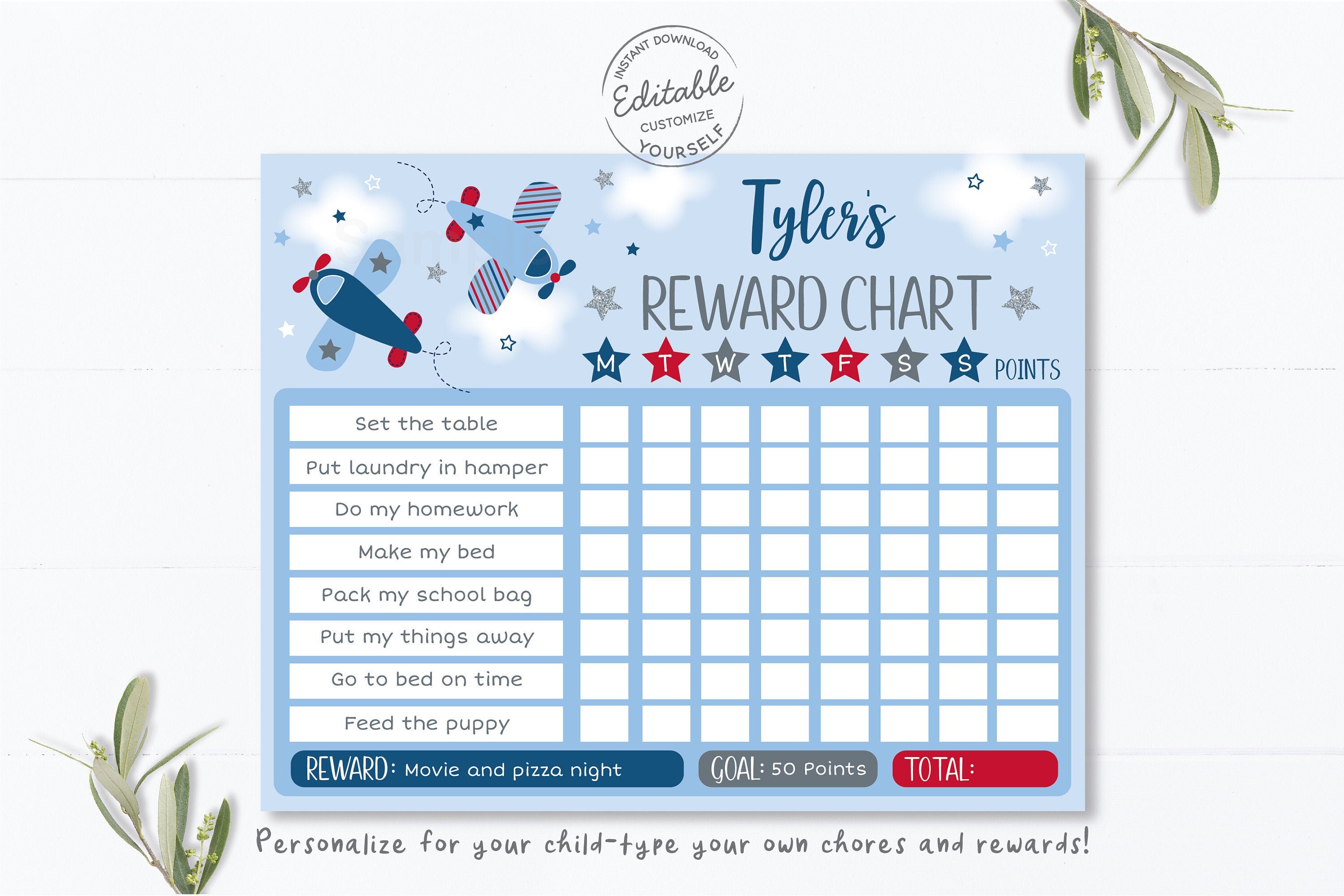 EDITABLE Airplane Reward Chart Airplane Chore Chart Airplane | Etsy