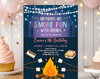 May include: A blue and purple birthday invitation with a campfire and s'mores. The text reads "Birthdays are s'more fun with friends. Join us to celebrate Emma's 8th Birthday. Saturday, October 15th, 8:00 PM. Emma's backyard, 125 West 18th Street, New York, NY 10020. RSVP by October 5th, 917-628-2455 call or text."