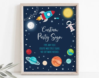 Signe de fête d'anniversaire espace modifiable astronaute planète espace extra-atmosphérique fête d'anniversaire système solaire fusée imprimable numérique Corjl A528
