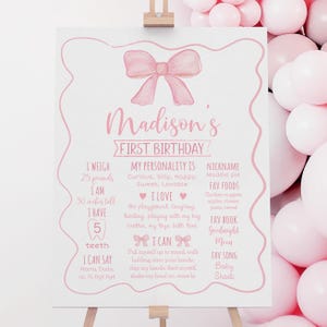 Panneau modifiable pour le premier anniversaire d'un noeud rose, fête du noeud rose, noeud aquarelle, ruban rose minimaliste, premier anniversaire de fille, numérique A742 image 1