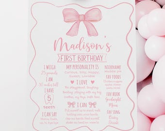 Editable Pink Bow First Birthday Milestone Sign, Pink Bow Party, Watercolor Bow, Minimalist Pink Ribbon, Girl First Birthday, Digital A742