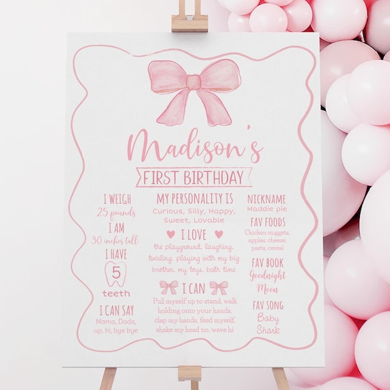 Editable Pink Bow First Birthday Milestone Sign, Pink Bow Party, Watercolor Bow, Minimalist Pink Ribbon, Girl First Birthday, Digital A742