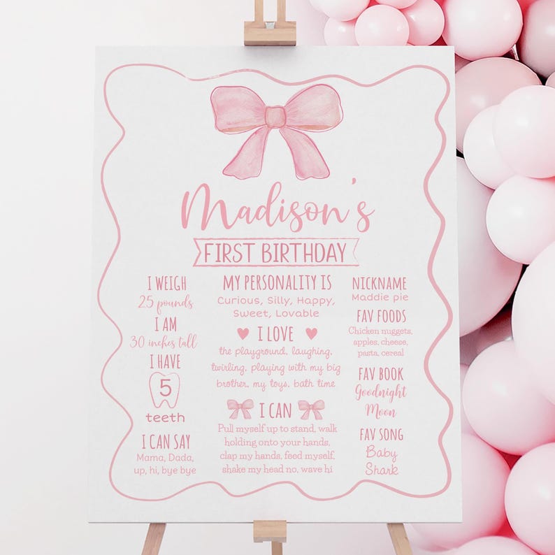 Panneau modifiable pour le premier anniversaire d'un noeud rose, fête du noeud rose, noeud aquarelle, ruban rose minimaliste, premier anniversaire de fille, numérique A742 image 1