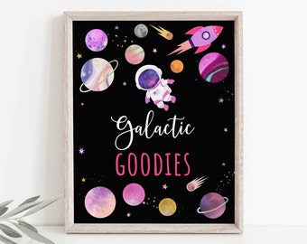 Space Galactic Goodies Anniversaire Signe Snack Signe Rose Fille Astronaute Galaxie Planètes Fête de l’espace Lune Étoiles Fusée Numérique A654