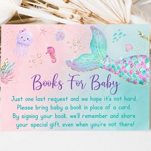 Mermaid Baby Shower Book Request Cards Under The Sea Baby Shower Girl Baby Shower Pink Purple Gold Books For Baby Digital Download A615