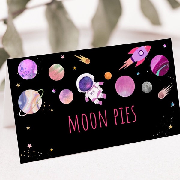 Editable Space Birthday Tent Cards Food Labels Place Cards Pink Girl Astronaut Galaxy Planets Outer Space Party Rocket Ship Printable A654