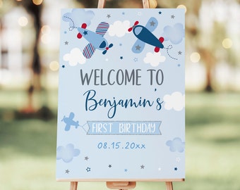 Editable Airplane Birthday Welcome Sign, Boys Airplane Party, First Birthday, Stars, Clouds, Blue, Red, Printable, Instant Download A566