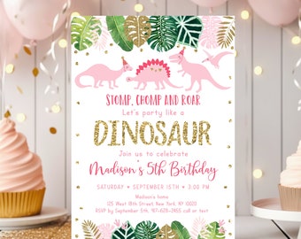 Editable Pink Dinosaur Birthday Invitation Pink & Gold Dinosaur Birthday Invite Girl Dinosaur Party Pink Safari Digital Printable A507