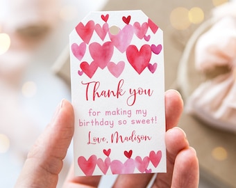 Bewerkbare bedankkaartjes voor een verjaardag van een geliefde, roze en rode aquarelhartjes, Valentijnskaartjes voor een jarig meisje, Valentijnsdagfeestje A689