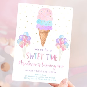 Editable Ice Cream Birthday Invitation Girls Ice Cream Party Invite Sweet Time Pink Gold Sprinkles Balloons Printable Digital Download A611