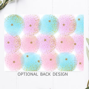 May include: A white card with a pattern of overlapping pastel pink and blue circles with gold glitter and gold stars. The text "OPTIONAL BACK DESIGN" is at the bottom of the card.