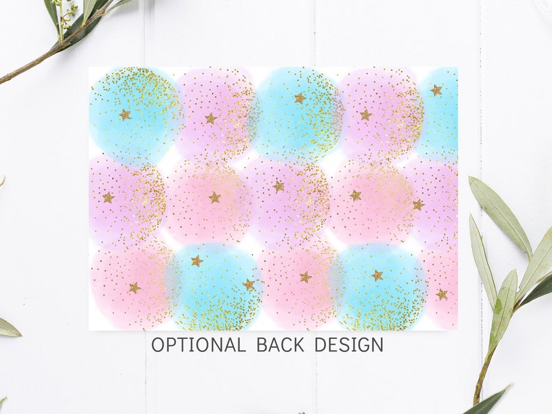 May include: A white card with a pattern of overlapping pastel pink and blue circles with gold glitter and gold stars. The text "OPTIONAL BACK DESIGN" is at the bottom of the card.