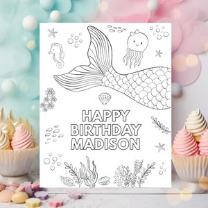 Mermaid Birthday Coloring Page, Birthday Activity, Kids Coloring page, Under the Sea Mermaid Party Printable Editable Digital Download A615
