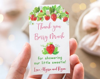 Modifiable Fraise Baby Shower Merci Tags Favoris Tags Berry Sweet Strawberry Party Rose Floral Imprimable Téléchargement numérique A618