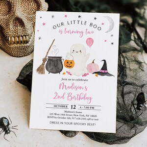 Editable Ghost Birthday Invitation Boo Turning Two Ghost Second Birthday Invite Pink Girl Pumpkin Halloween Party Digital Download A702