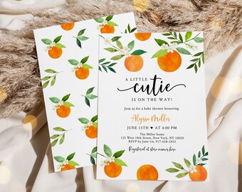 Little Cutie Baby Shower Invitation Little Cutie on the way Clementine Orange Greenery Gender Neutral Editable Digital Download A735