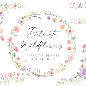 Clipart de guirlanda de aquarela com flores silvestres, delicadas flores silvestres da primavera, bordas de flores silvestres, molduras florais, flores silvestres, rosa pastel roxo A727