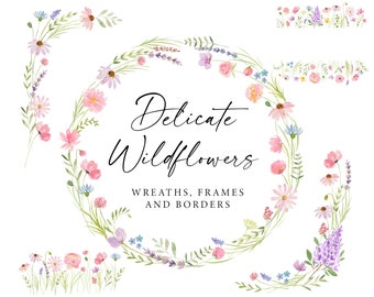 Wildflower Watercolor Wreath Clipart, Delicate Spring Wildflowers, Wildflower Borders, Floral Frames, Wild Flowers, Pastel Pink Purple A727