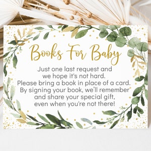 Groen babyshower boek verzoekkaarten genderneutraal groen goud eucalyptus bloemen rustieke boeken voor baby digitale download A529